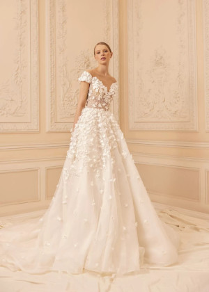 Cap Sleeves Beaded Ivory Floral Lace Tulle Wedding Dress